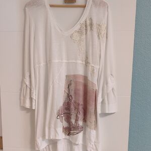 Elisa Cavaletti Boho White&Pink LinenTunic Top Abstract Design Art To Wear Sz L
